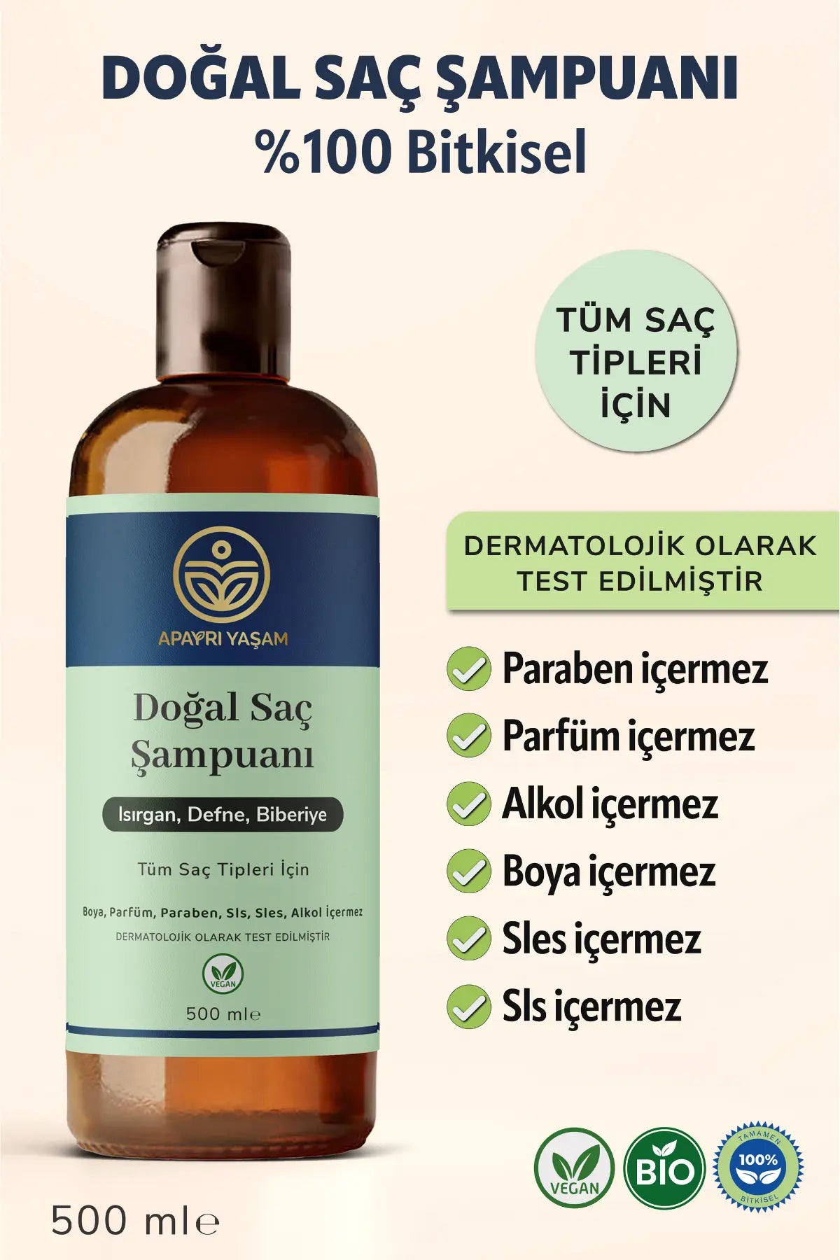 %100 Bitkisel Tüm Saç Tipleri İçin Doğal Saç Şampuanı 500 ml Apayrı Yaşam