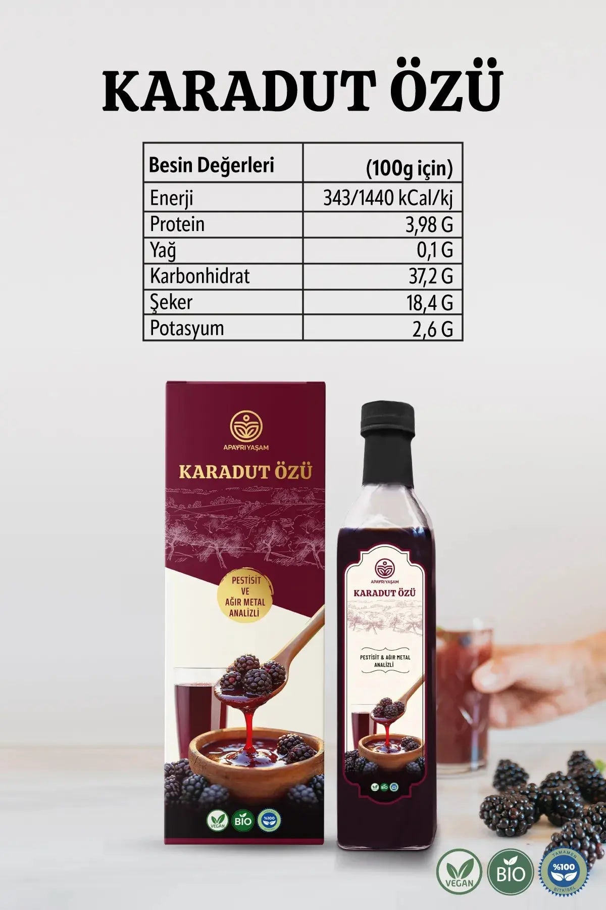 Katkısız %100 Doğal Karadut Özü (PESTİSİT & AĞIR METAL IÇERMEZ ANALİZLİ) 700 gr Apayrı Yaşam