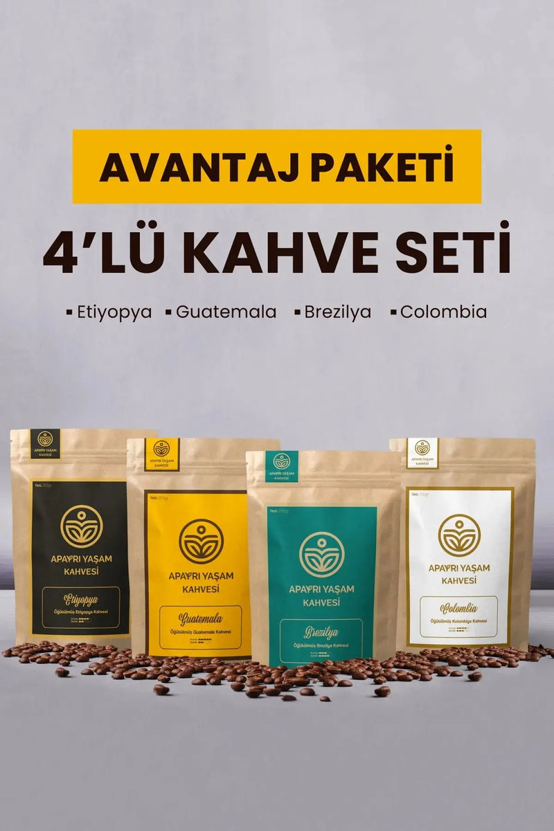 Taze Kavrulmuş Dünya Kahveleri 4'lü Avantaj Paketi Kolombiya, Etiyopya, Guatemala, Brezilya Apayrı Yaşam