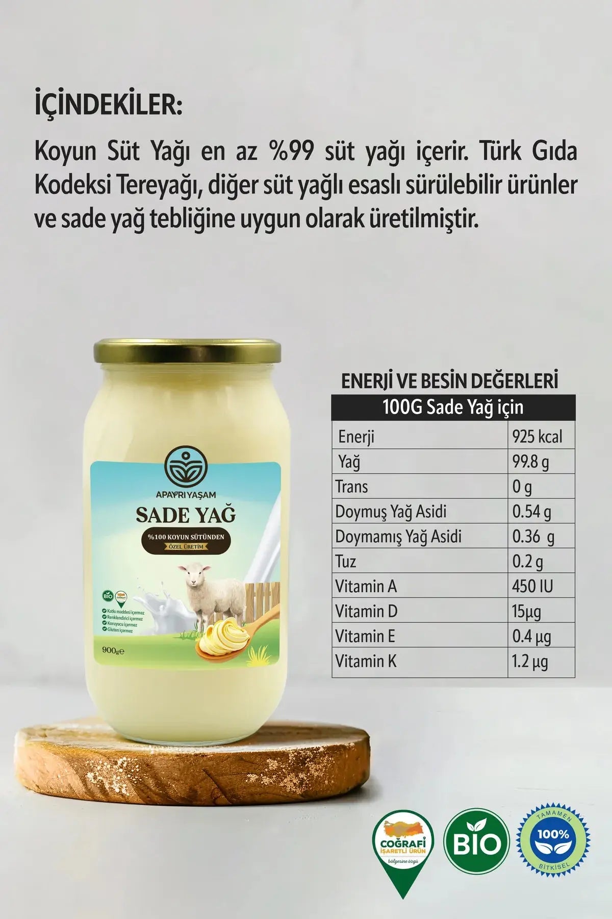 %100 Koyun Sütünden Özel Üretim Sade Yağ Yemeklik (Laktosuz, Kazeinsiz, Ghee) Apayrı Yaşam