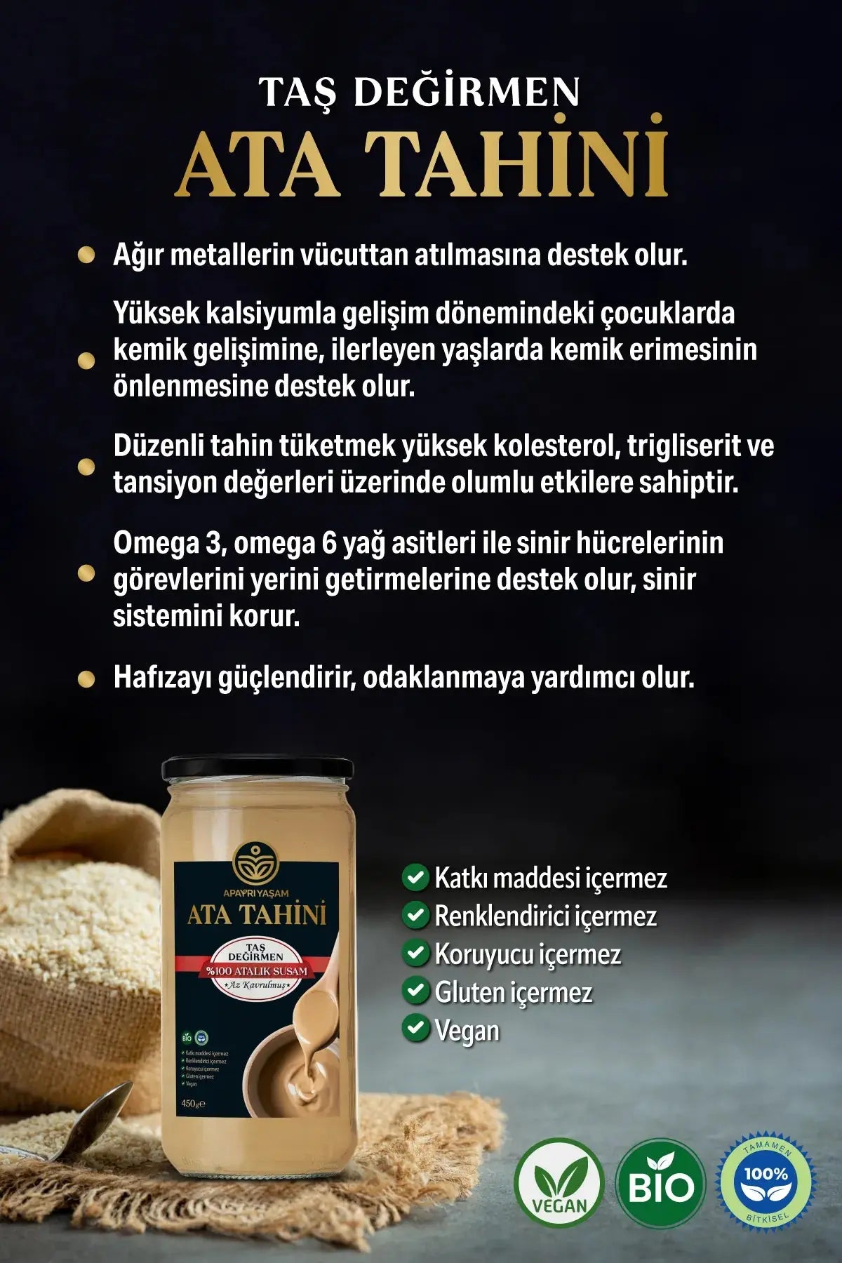 Çok Az Kavrulmuş Taş Değirmenden Özel Ata Tahini 450g Apayrı Yaşam