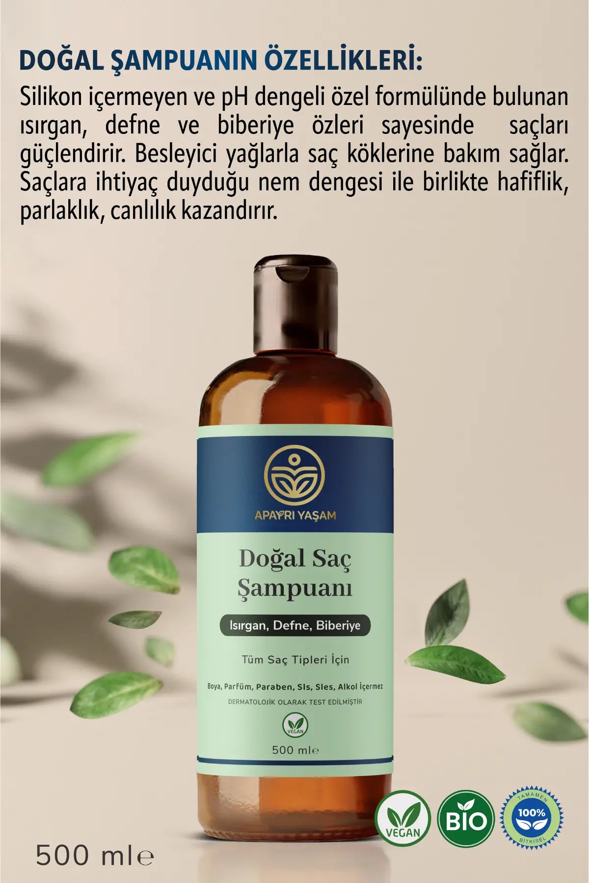 %100 Bitkisel Tüm Saç Tipleri İçin Doğal Saç Şampuanı 500 ml Apayrı Yaşam