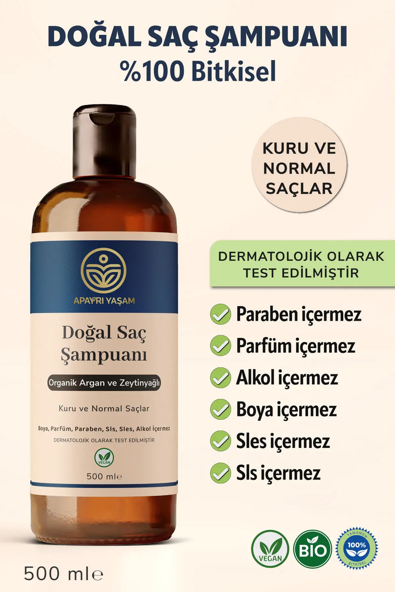 %100 Bitkisel Kuru ve Normal Saçlar İçin Doğal Saç Şampuanı 500 ml Apayrı Yaşam