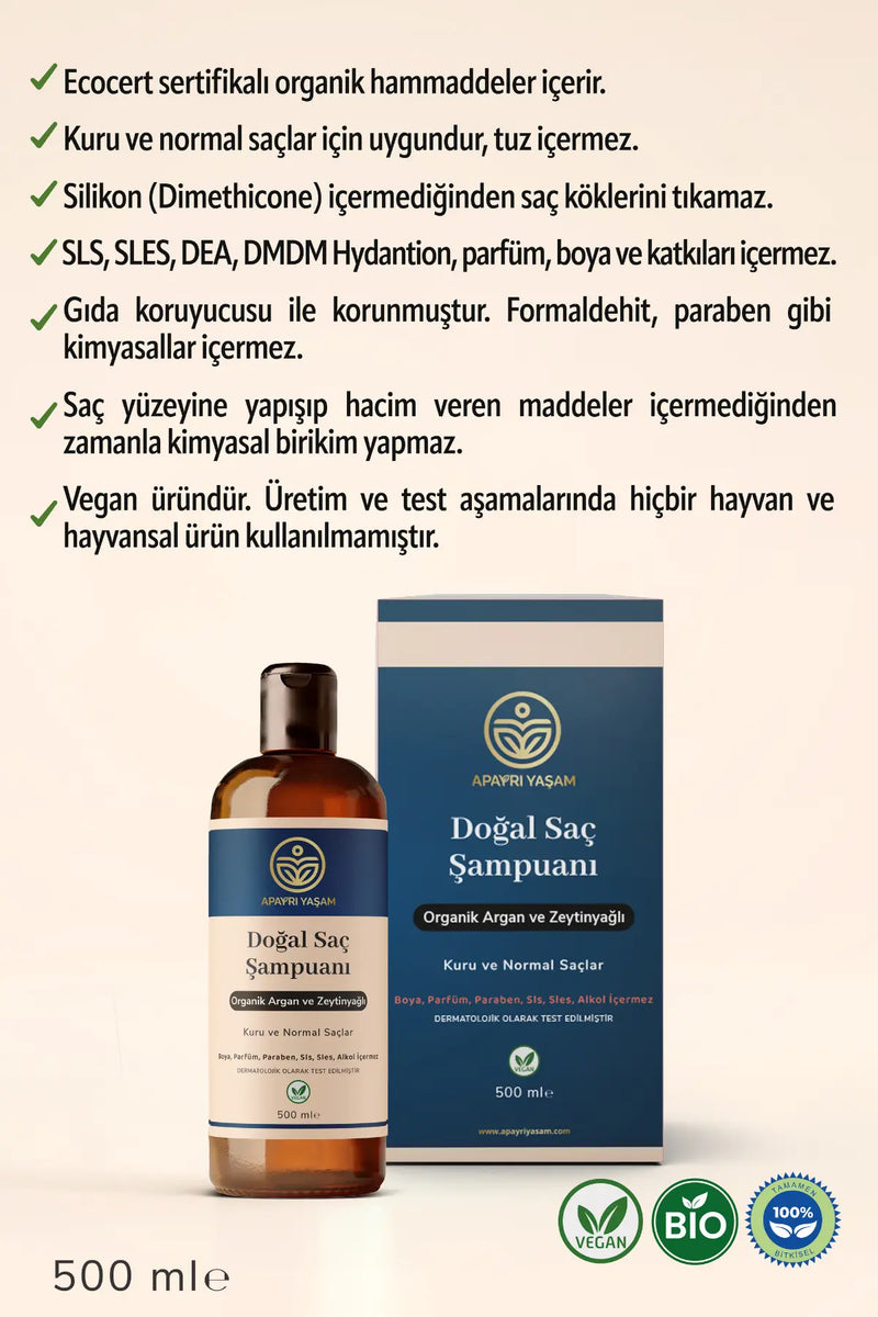 %100 Bitkisel Kuru ve Normal Saçlar İçin Doğal Saç Şampuanı 500 ml Apayrı Yaşam