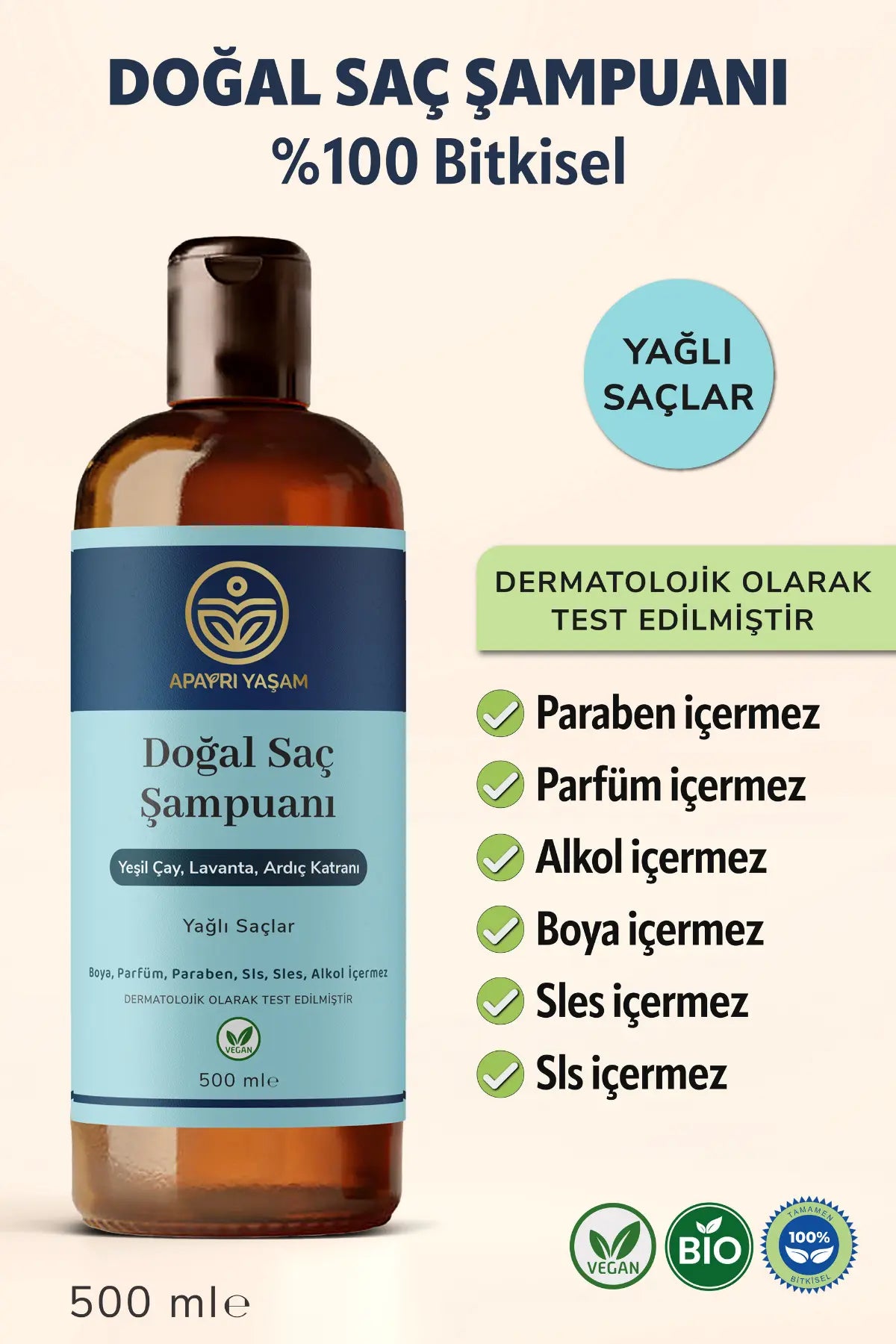 %100 Bitkisel Yağlı Saçlar Için Doğal Saç Şampuanı 500 ml Apayrı Yaşam