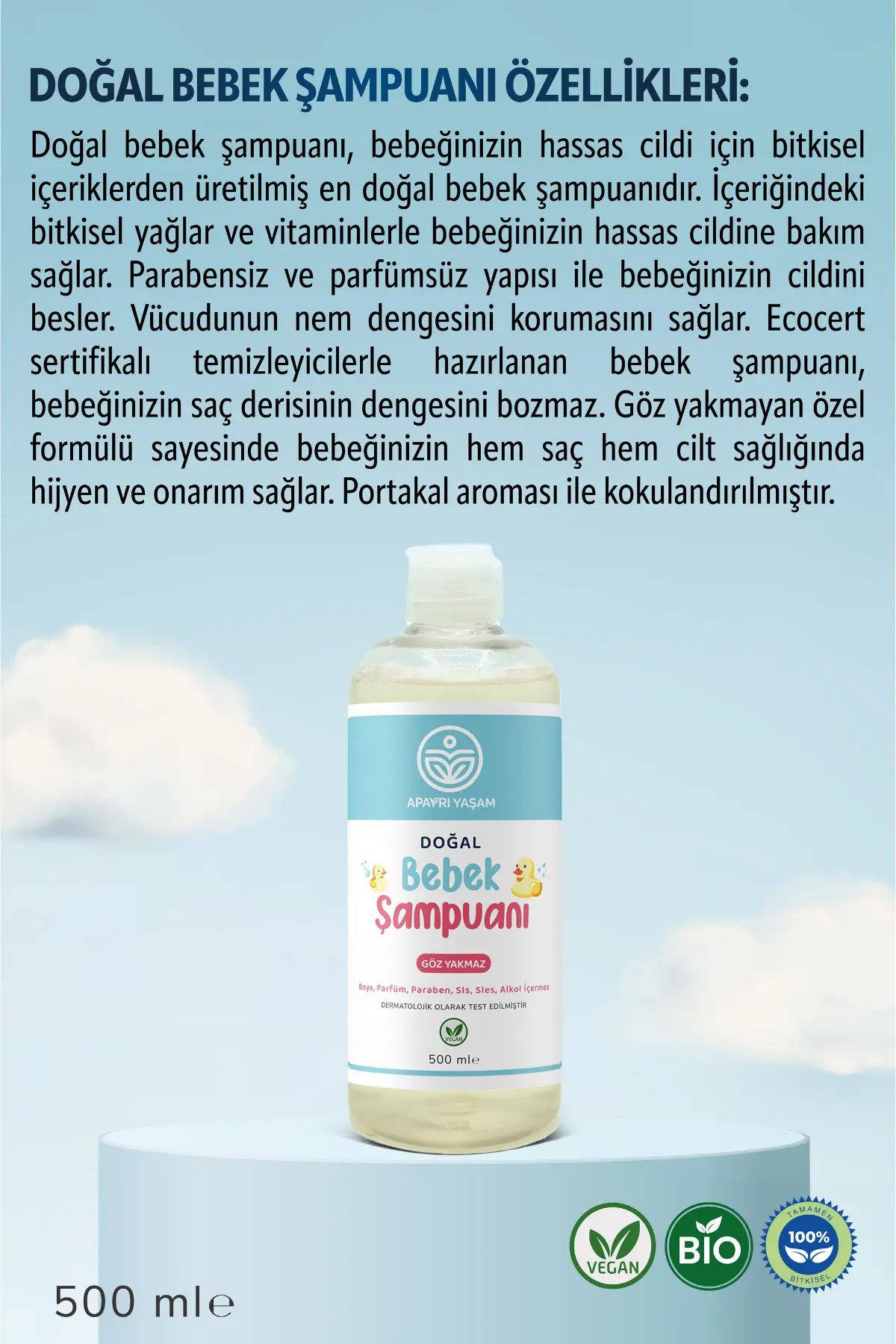 %100 Bitkisel Doğal Bebek Şampuanı 500 ml Apayrı Yaşam