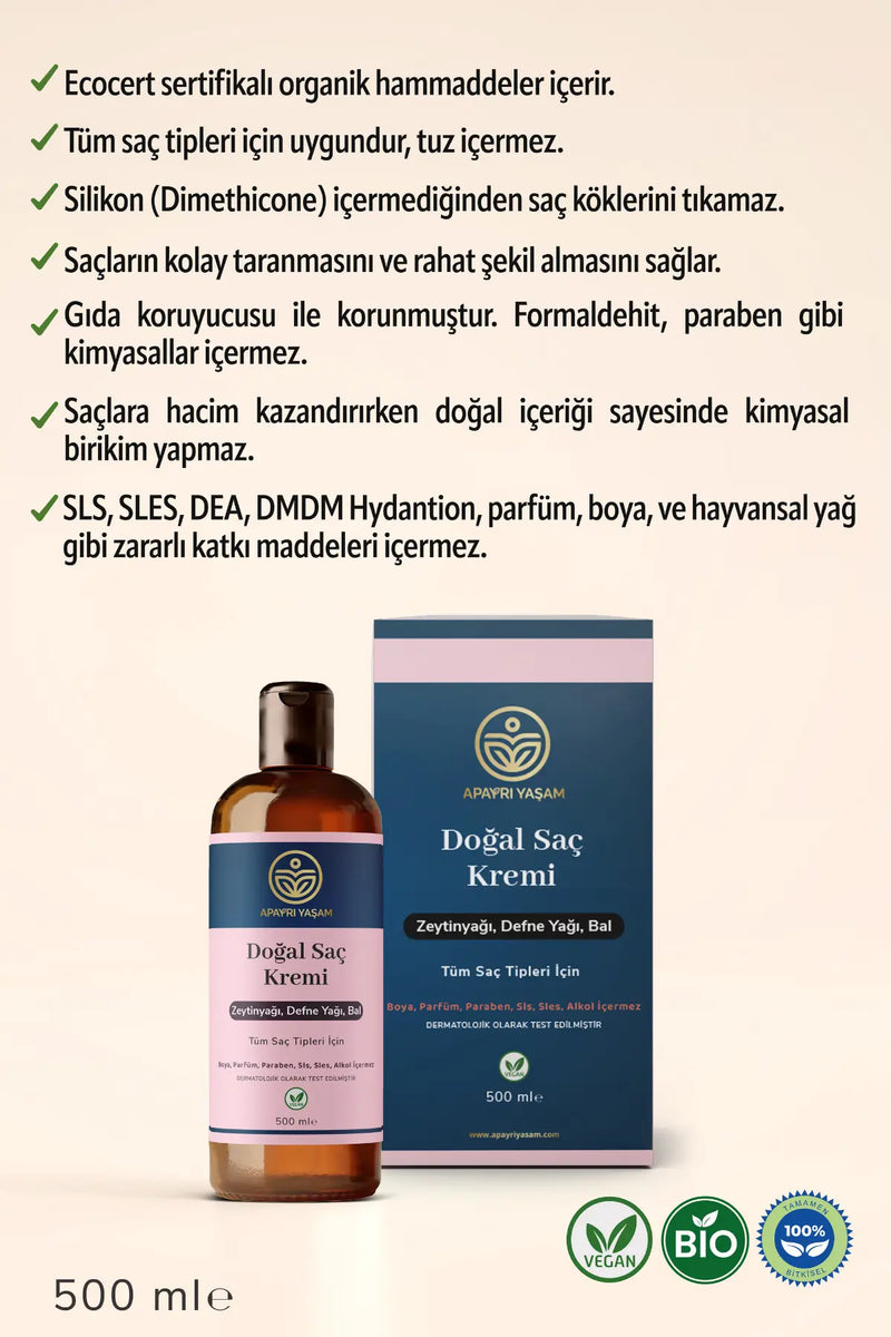 %100 Bitkisel Tüm Saç Tipleri İçin Doğal Saç Kremi 500 ml Apayrı Yaşam