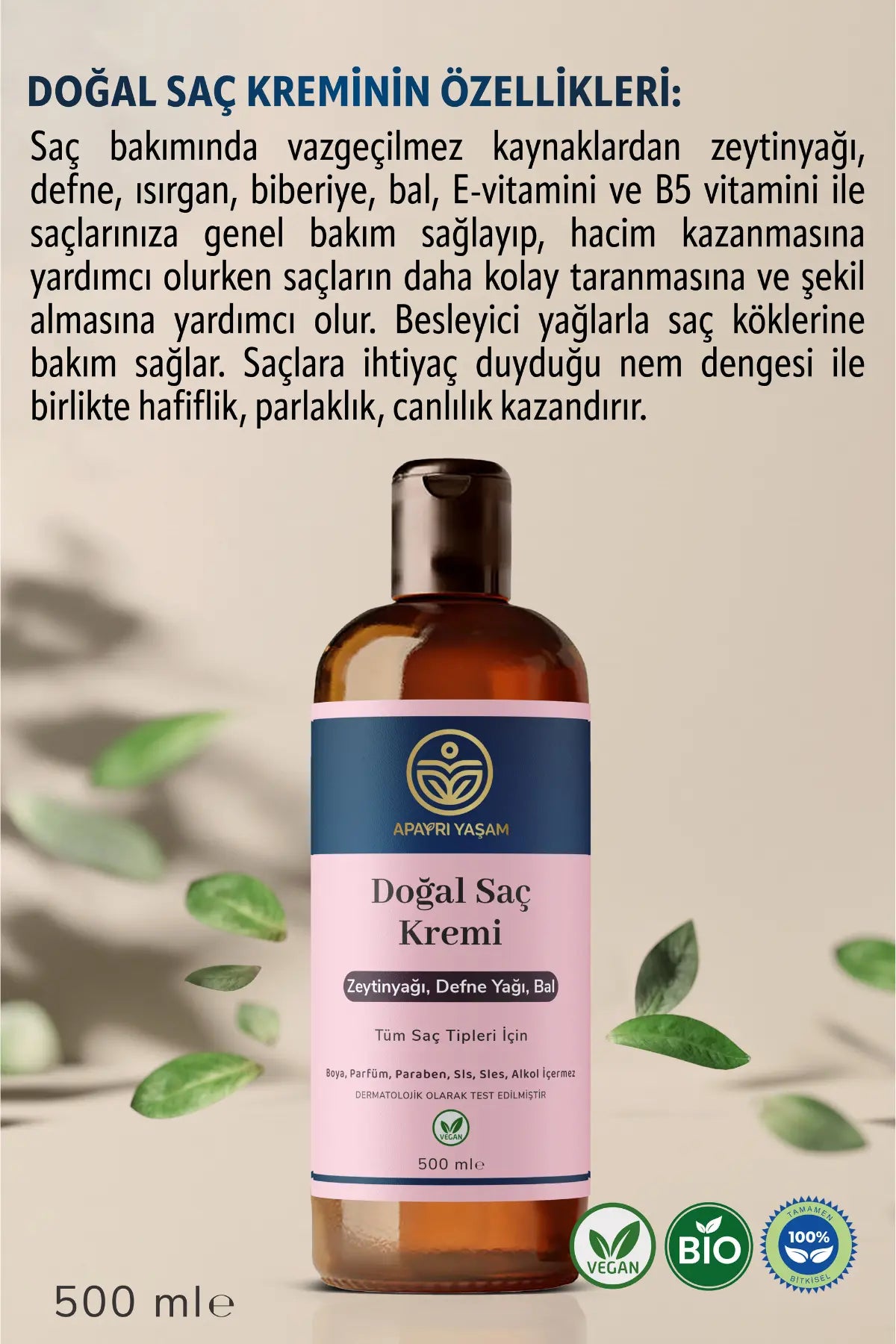 %100 Bitkisel Tüm Saç Tipleri İçin Doğal Saç Kremi 500 ml Apayrı Yaşam