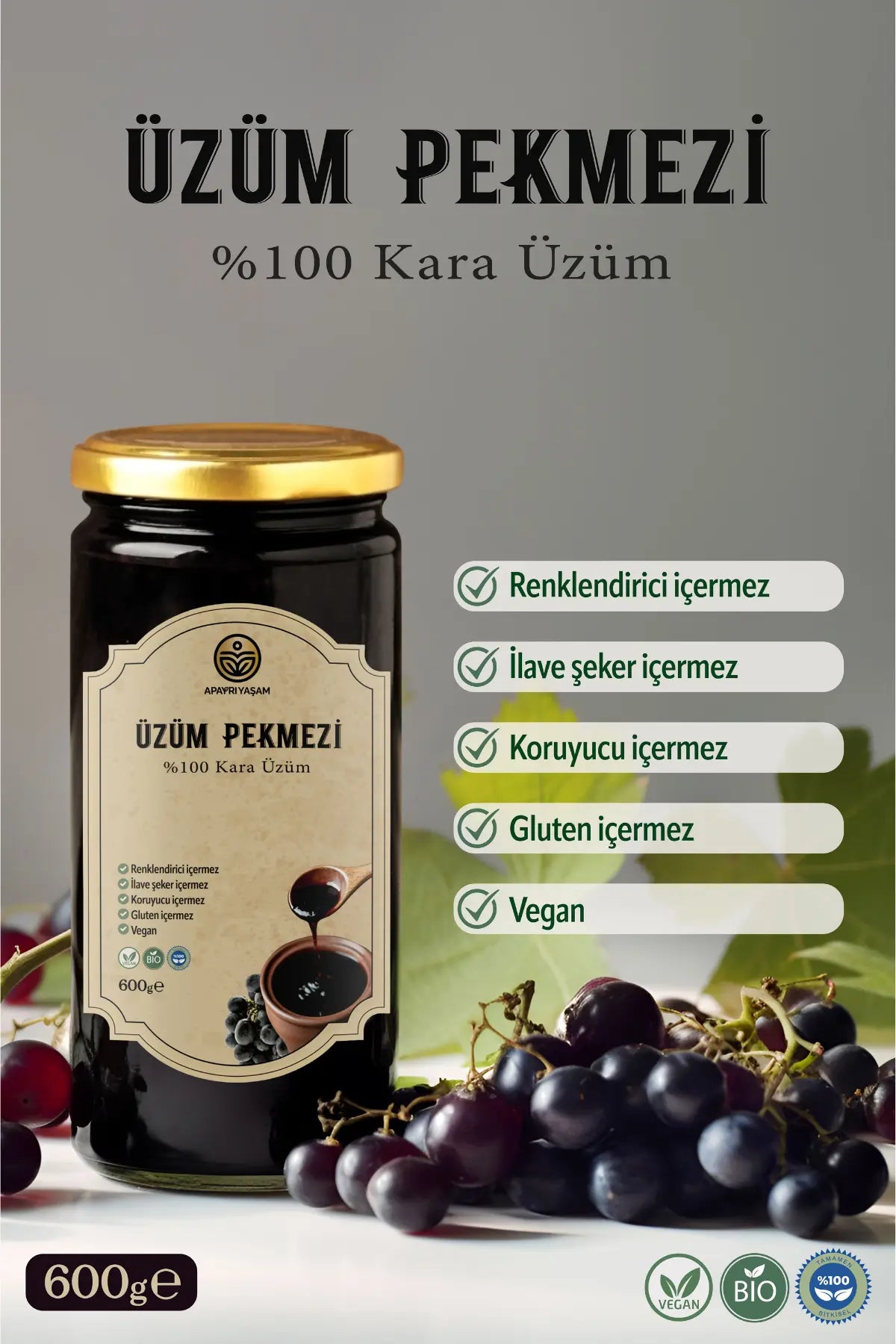 Katkısız %100 Doğal Kara Üzüm Pekmezi 600gr Apayrı Yaşam