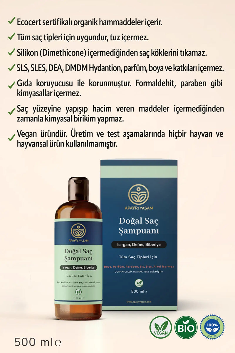 %100 Bitkisel Tüm Saç Tipleri İçin Doğal Saç Şampuanı 500 ml Apayrı Yaşam