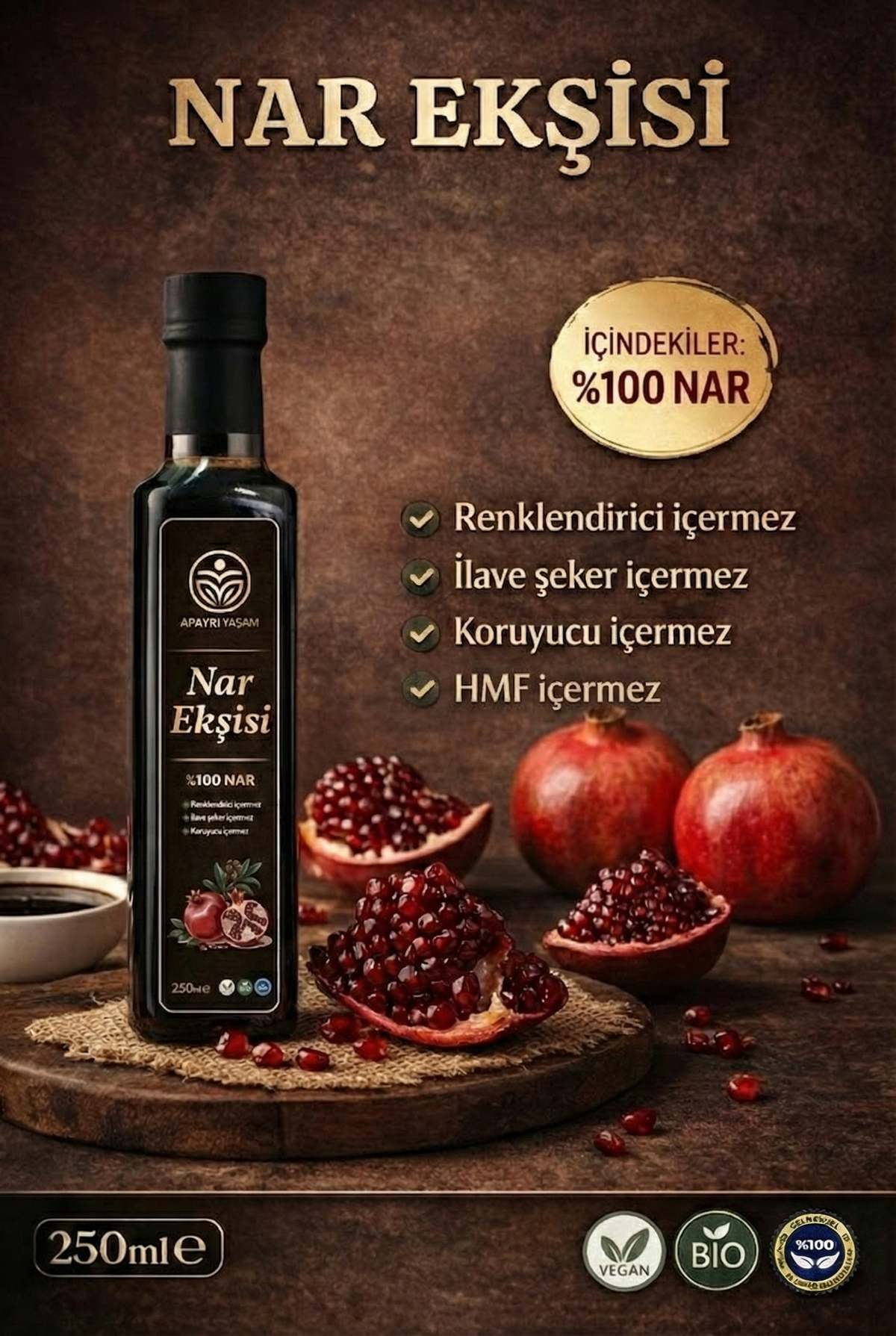 %100 Nardan Evoparasyon Yöntemi ile Üretilen NAR EKŞİSİ 250ml