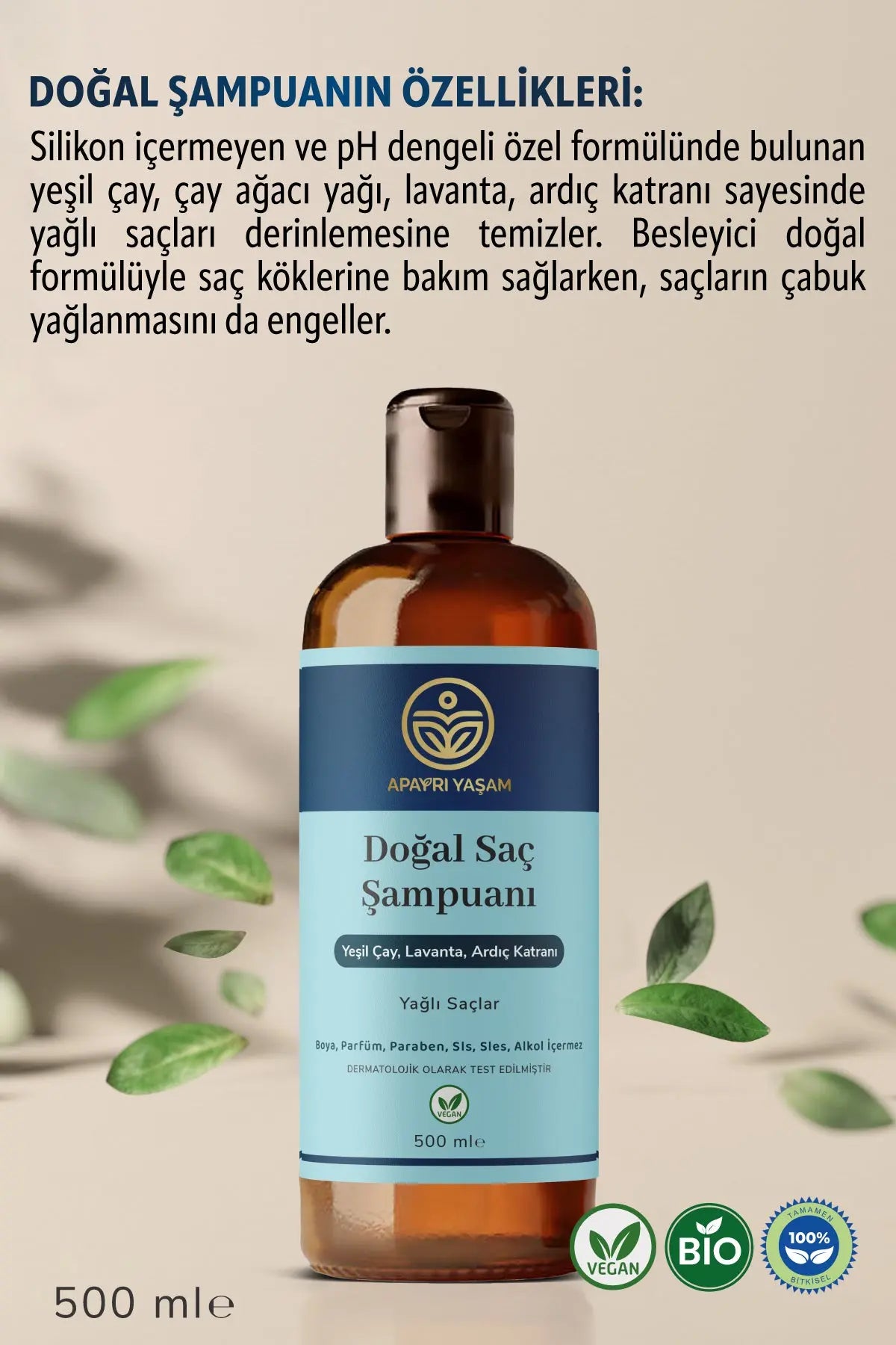 %100 Bitkisel Yağlı Saçlar Için Doğal Saç Şampuanı 500 ml Apayrı Yaşam