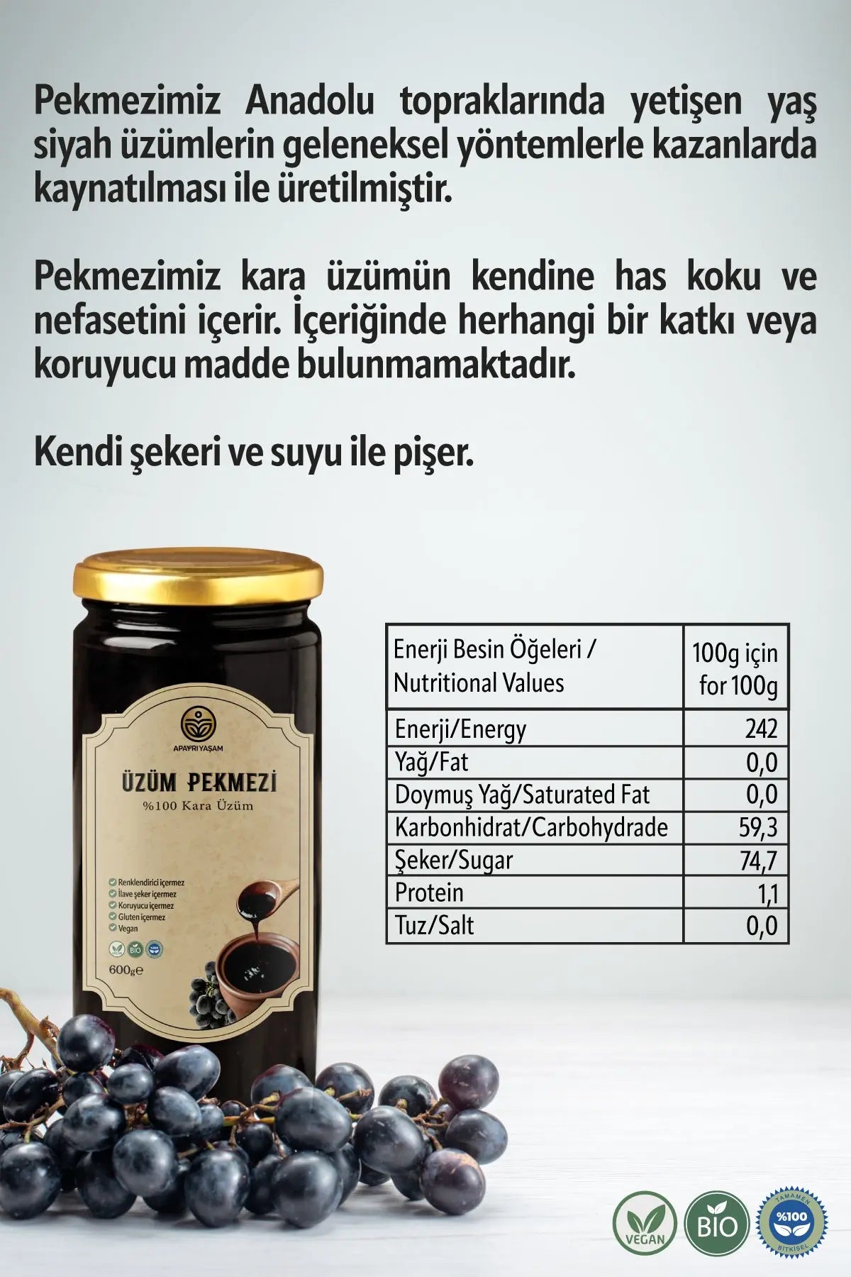 Katkısız %100 Doğal Kara Üzüm Pekmezi 600gr Apayrı Yaşam